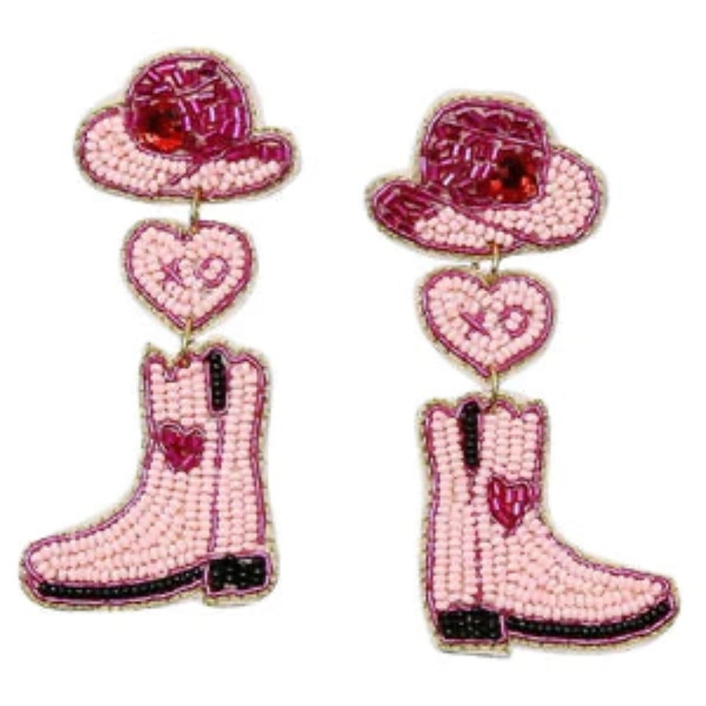 Pink Beaded Cowboy Boot & Hat Drop Earrings